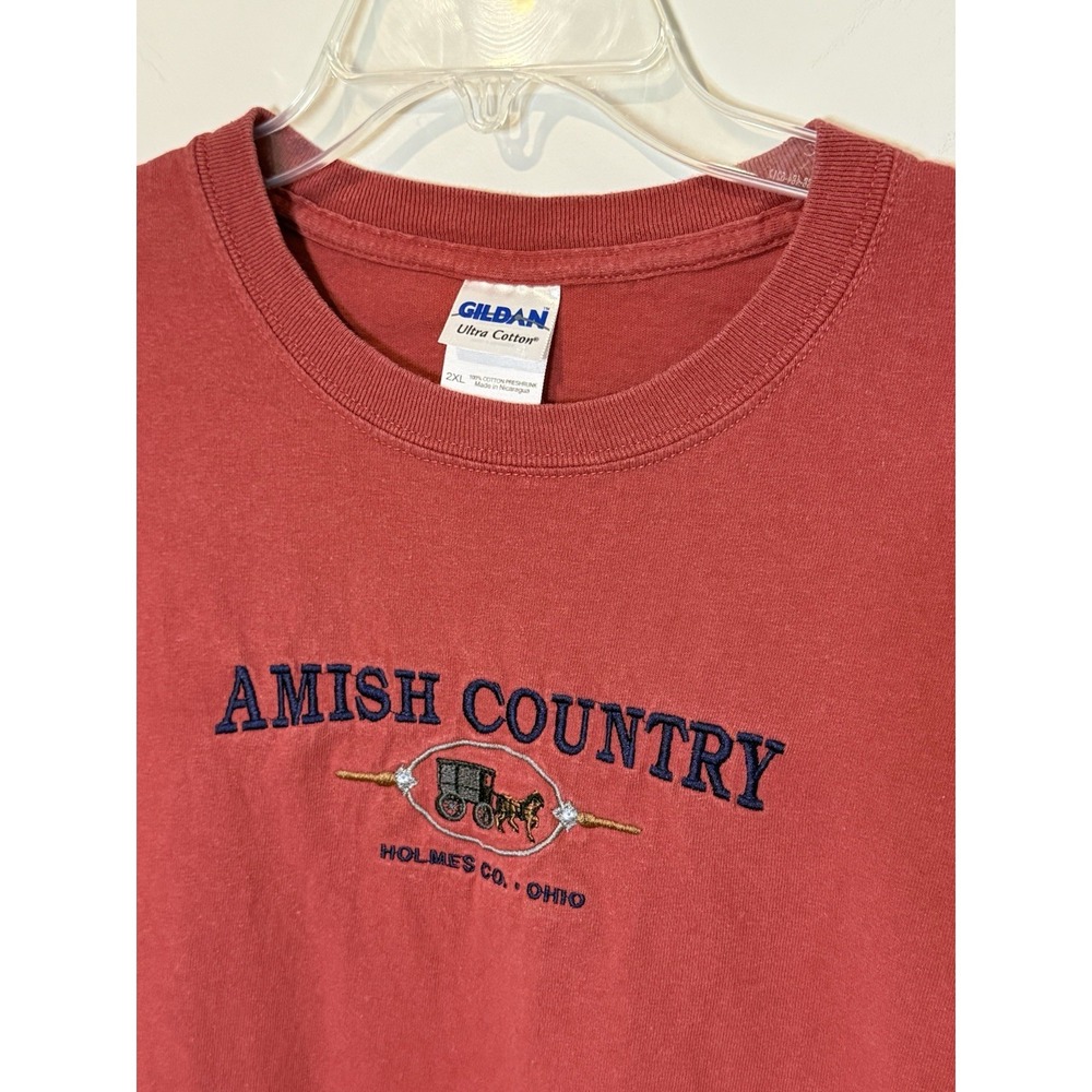 Vintage 90s Red‎ Amish Country Holmes, County Ohio Embroidered T-Shirt Sz 2XL